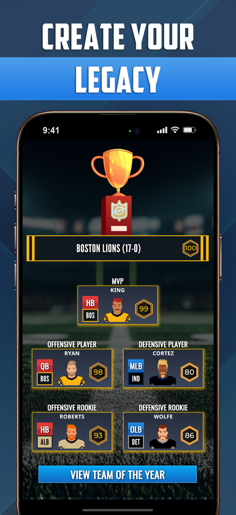 Ultimate QB: Football Legend - アルティメットQBフットボール・レジェンドのシーズンアワード（ボストン・ライオンズのMVPおよびオフェンシブ・プレイヤーを含む）を表示する画面