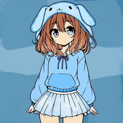 pretty anime girl wearing a fluffy hoodie with bunny ears on the hood and a skirt