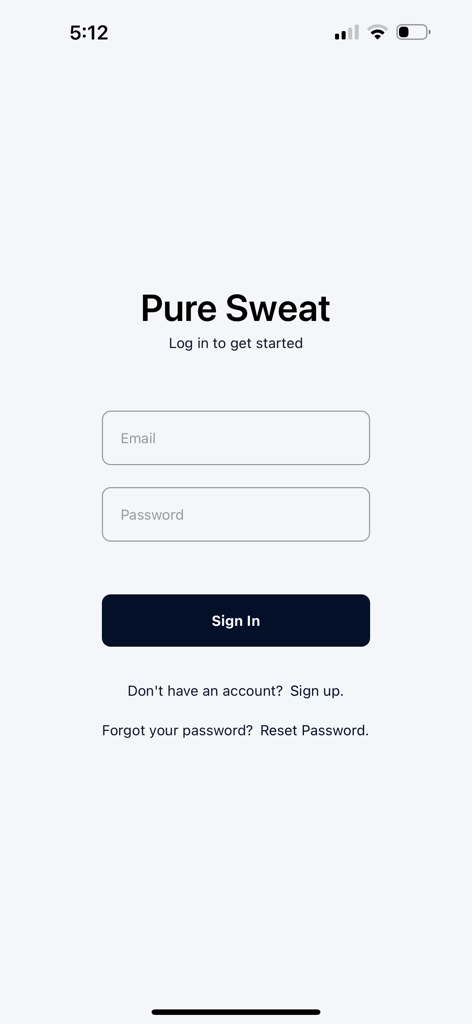 Pure Sweat Basketball - Page de connexion de l'application Pure Sweat Basketball