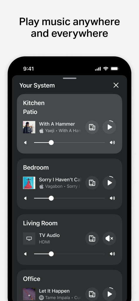 Sonos app interface for controlling audio and volume across multiple rooms in a home system