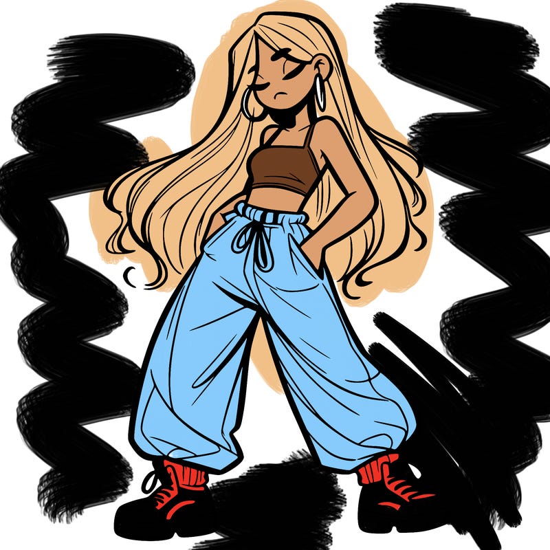 girl in baggy pants crop top and long hair