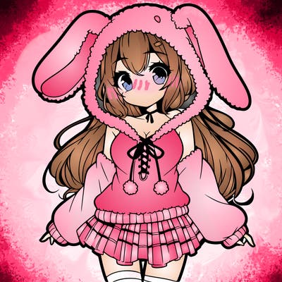 pretty anime girl wearing a fluffy hoodie with bunny ears on the hood and a skirt
