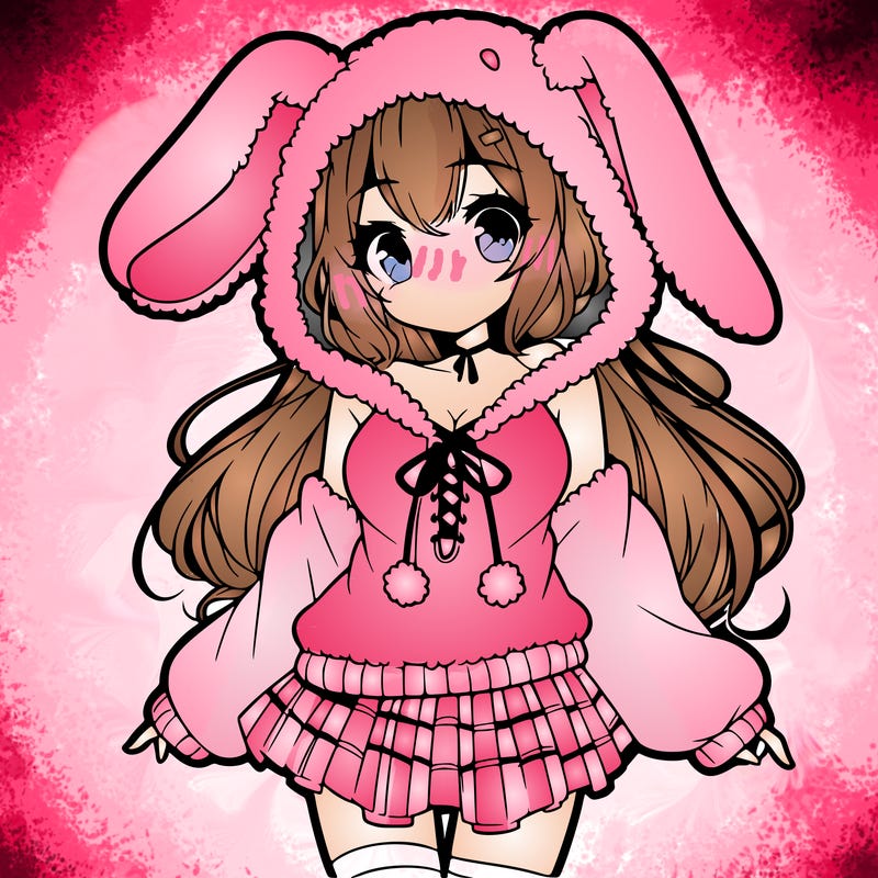pretty anime girl wearing a fluffy hoodie with bunny ears on the hood and a skirt