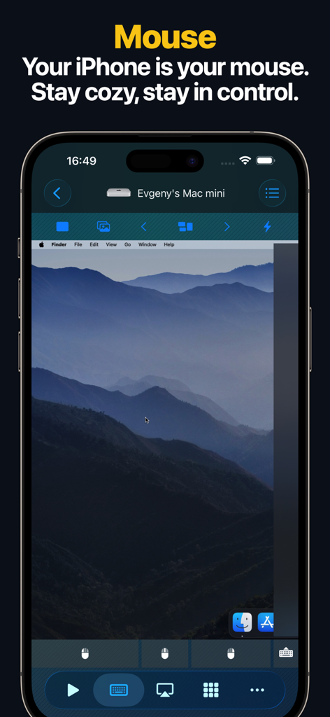 Remote, Mouse & Keyboard Pro - Pantalla del iPhone mostrando un escritorio de Mac utilizado como control de ratón y panel táctil remoto