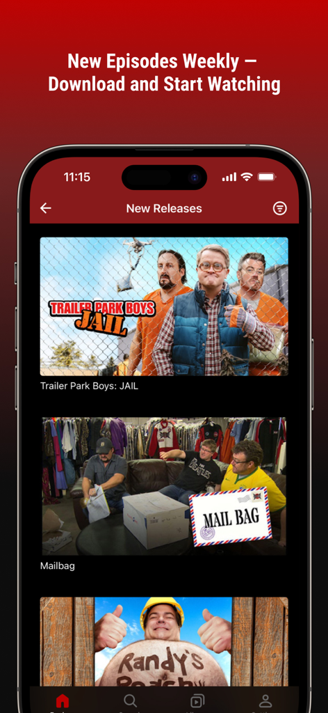 Trailer Park Boys+ - Trailer Park Boys Plus app interface showing new weekly releases like Jail and Mailbag