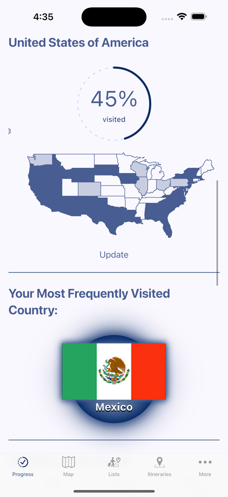 Visited: Travel Tracker & Map - Visited app travel dashboard showing USA map and percentage visited