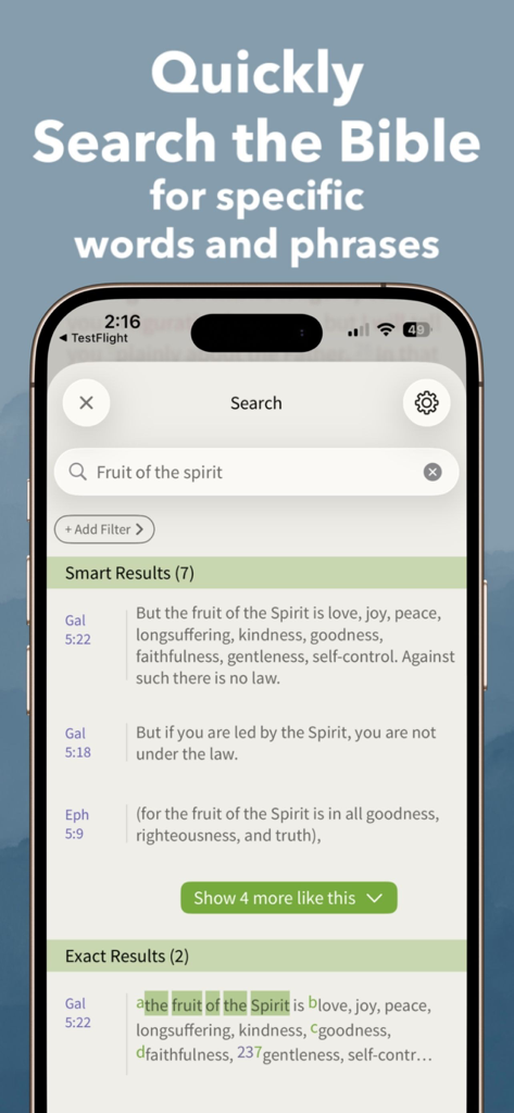Search results screen in the NKJV Bible app for the phrase Fruit of the Spirit showing smart and exact scripture matches.