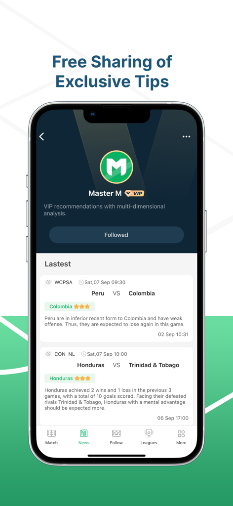 Interfaz de la aplicación VIPGoal que muestra consejos exclusivos de apuestas de fútbol y análisis detallado de partidos para próximos juegos