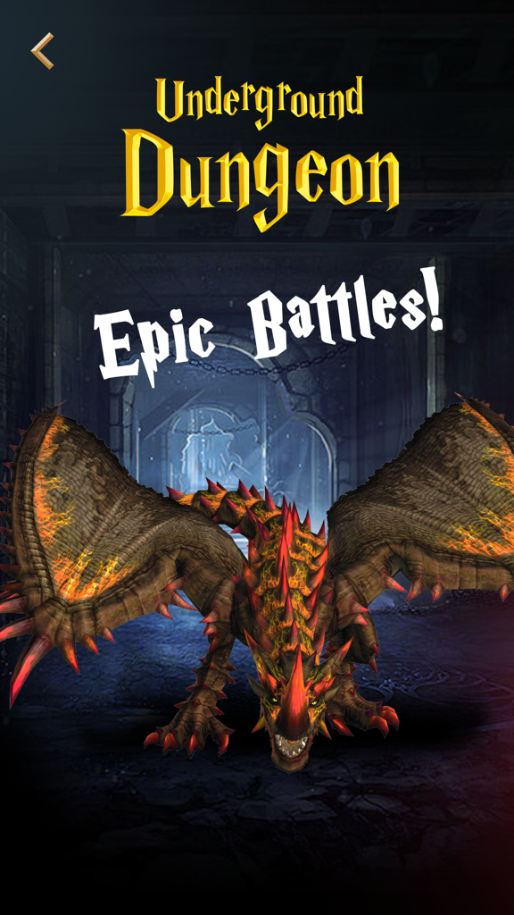 Magic Wands: Wizard Spells - A large brown and red dragon standing in an underground dungeon with text that says epic battles