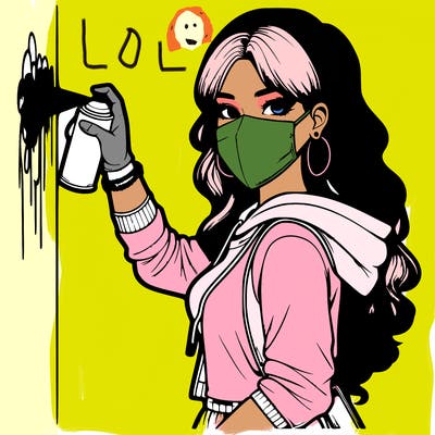 realistic girl with mask spray painting a wall