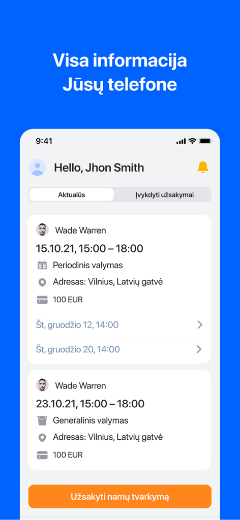 Screenshot della dashboard dell'app InClean che mostra i servizi di pulizia della casa programmati con date, orari e dettagli del professionista.
