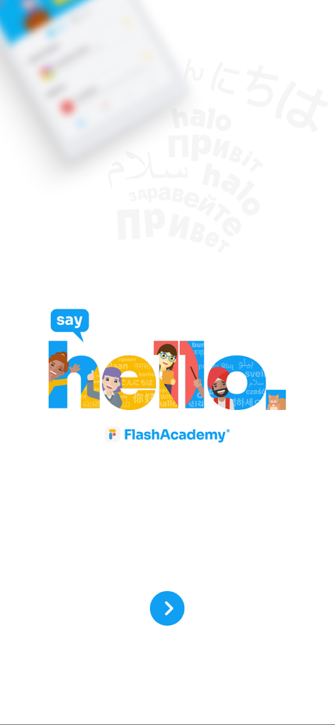 FlashAcademy app welcome screen featuring a colorful hello logo with diverse characters and global language greetings