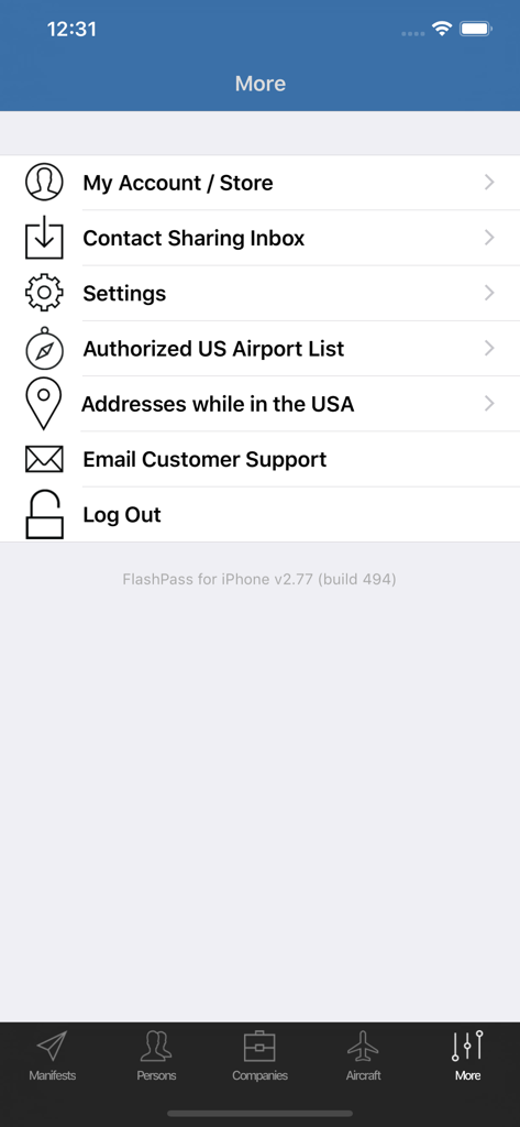 Settings menu of the FlashPass app showing account management and aviation support options