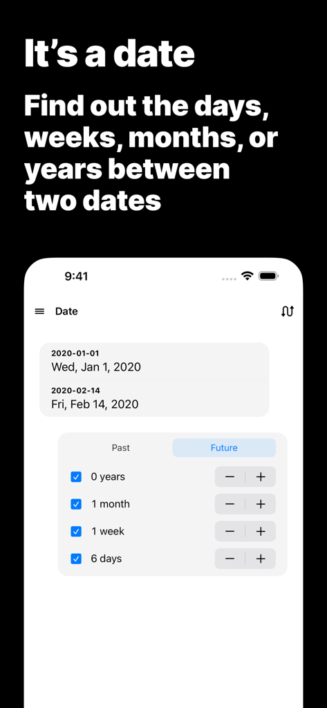 Interface of TechniCalc app showing the date duration calculation feature
