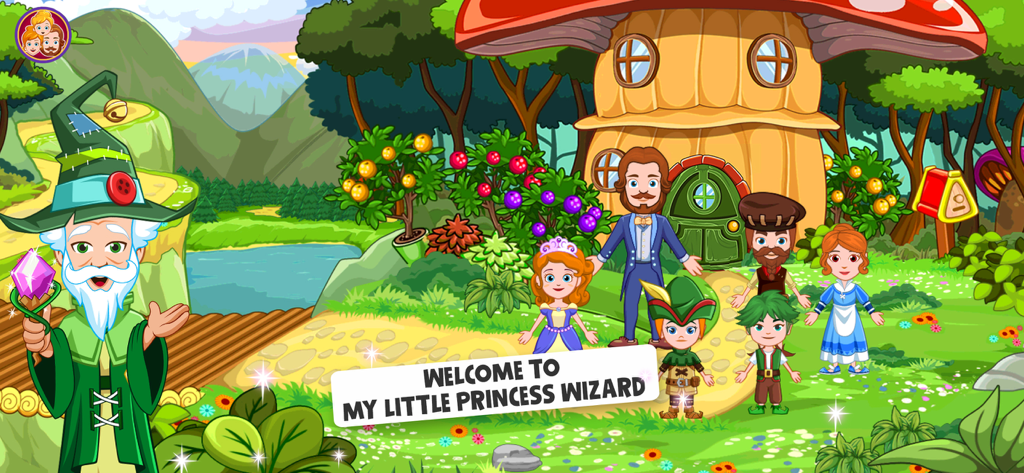 A wizard and royal characters standing in front of a mushroom house in a magical forest