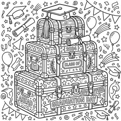 Mark a momentous occasion with this festive Graduation Day coloring page, featuring beautifully decorated storage trunks symbolizing achievement and future adventures. Perfect for graduates, families, and anyone looking to celebrate success.