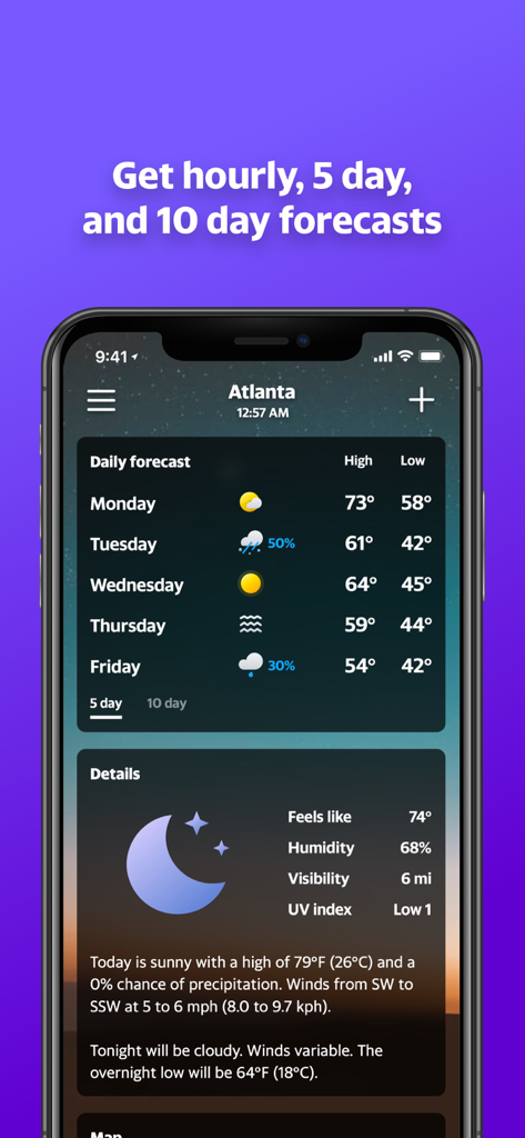 Yahoo Weather - Yahoo Weather app interface showing daily forecasts and detailed weather information for Atlanta