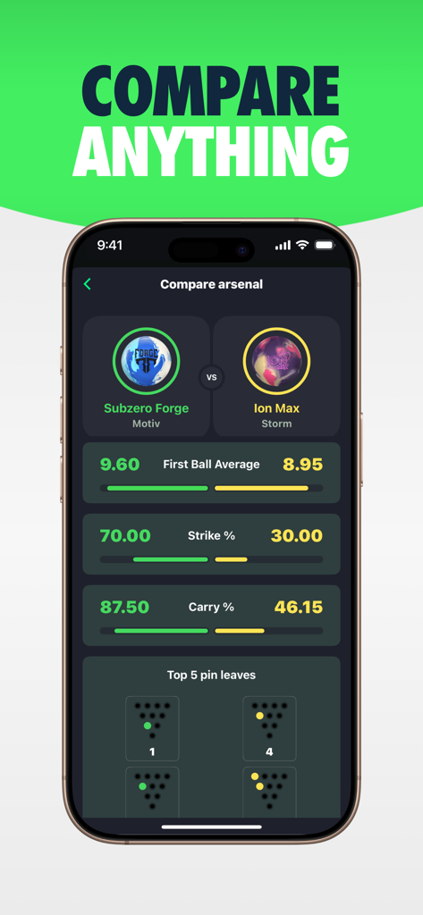Lanetalk Bowling - Tela do aplicativo Lanetalk comparando estatísticas de desempenho entre duas bolas de boliche diferentes em um arsenal