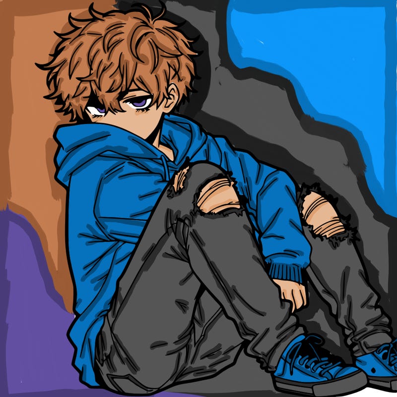 a male hoddie ripped jeans messy hair anime