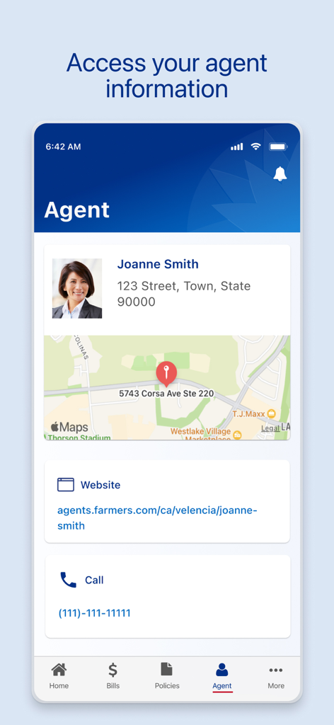 Farmers Insurance app interface displaying agent contact information with a map and call button