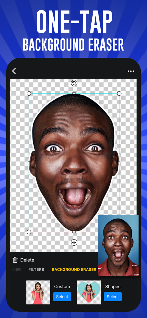 Meme Maker Proアプリの背景消しゴムツールを使って、画像から男性の顔を切り出しているスマートフォンの画面。