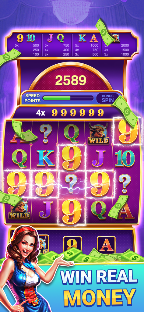 Real Slots: Win Real Money - A mobile slot machine interface with purple reels bull symbols and a hostess character promoting cash prizes