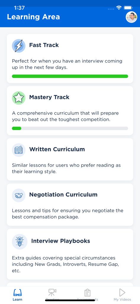 Big Interview - Learning Area dashboard of the Big Interview app featuring various interview preparation tracks and playbooks