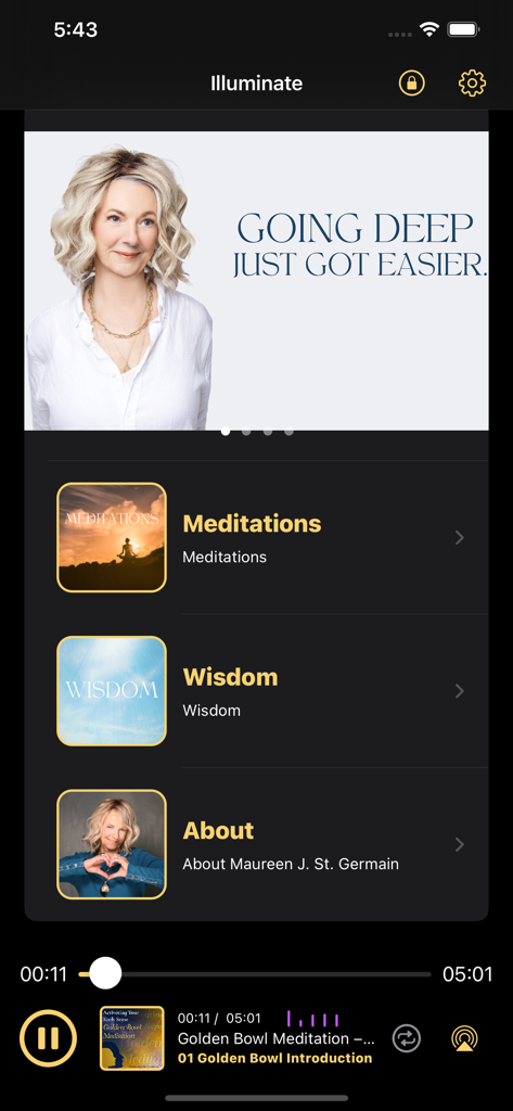 lluminate - Home screen of the Illuminate app featuring Maureen J St Germain with sections for Meditations Wisdom and About