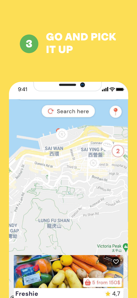 Map view in the Phenix app showing nearby food basket locations and a sample vegetable basket from a store named Freshie.