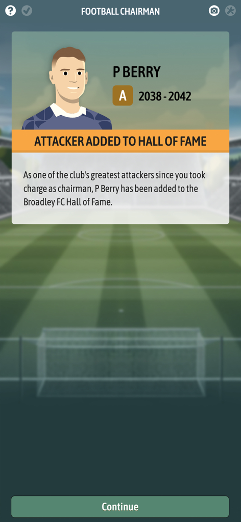 Football Chairman Pro 2 - In-game screen of Football Chairman Pro 2 showing an attacker added to the club hall of fame