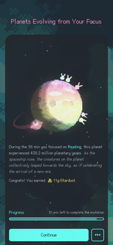 Exocus | Painless Focus - Interfaz de pixel art de la aplicación Exocus que muestra un planeta colorido evolucionando después de una sesión de lectura con recompensas de polvo de estrellas