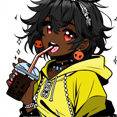 hot baddie anime girl drinking boba and biting the straw