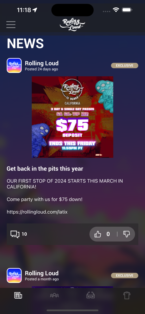Rolling Loudアプリのニュースフィード画面、フェスティバルチケット予約のプロモーションが表示されています