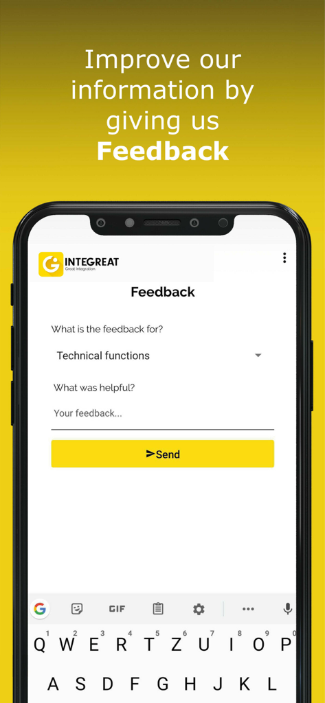 A screenshot of the Integreat app feedback form where users can submit suggestions and report issues