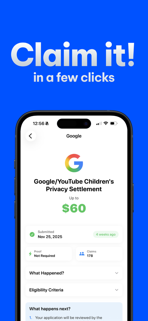 Mobile app screen showing a sixty dollar Google privacy settlement claim being filed