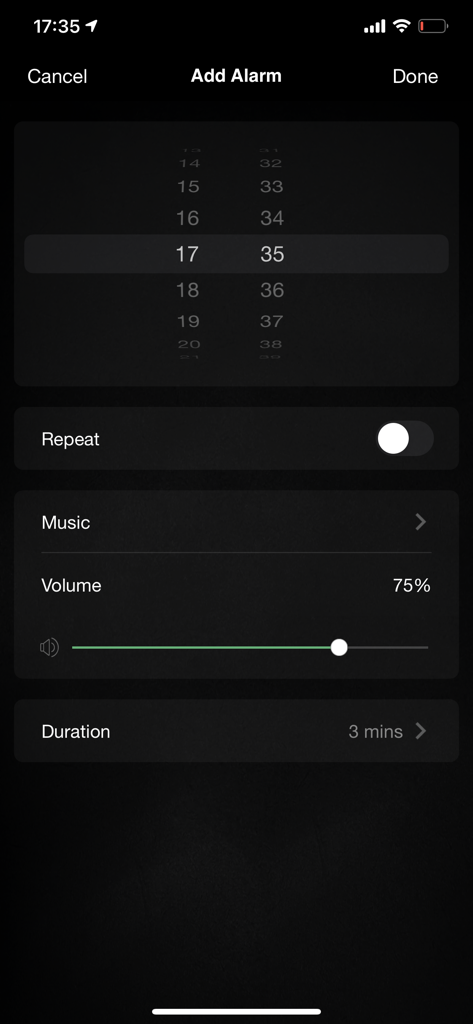 AudioCast - AudioCast app interface for adding an alarm with music and volume controls