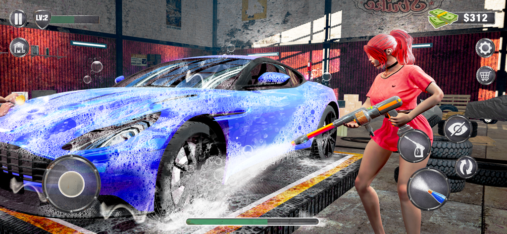Car Wash - Power Washing Game - Un personnage utilisant un nettoyeur haute pression pour nettoyer une voiture bleue savonneuse dans un jeu de simulation de garage