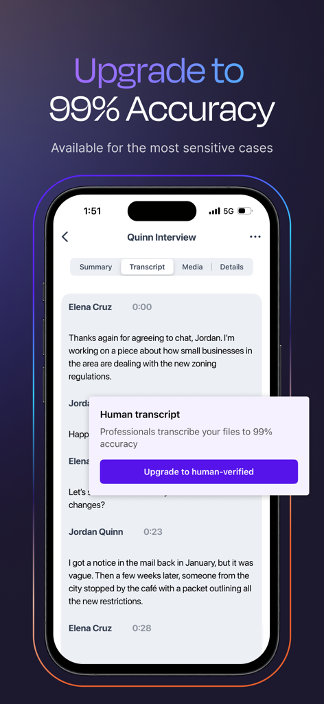 Rev: Record & Transcribe - Interface do aplicativo Rev mostrando a opção de transcrição verificada por humanos para noventa e nove por cento de precisão
