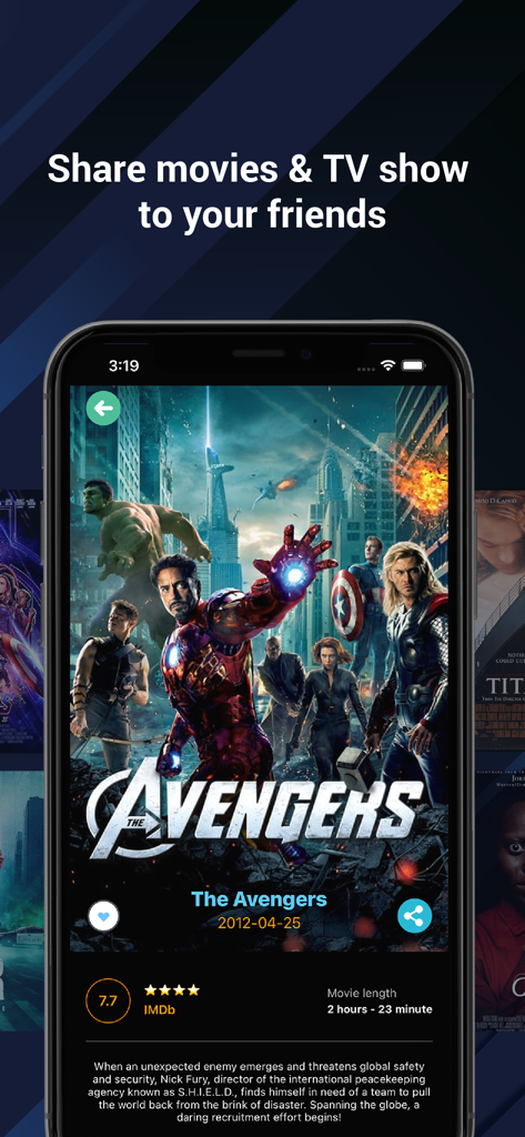 Interface of Soap.2Days app showing movie details for The Avengers with a share button feature