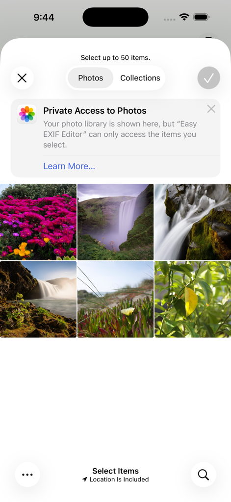 Easy Exif Editor - Interface of Easy Exif Editor showing a photo selection grid and a privacy notice regarding private access to the photo library.