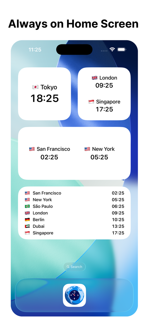 Zone: World Clock - Pantalla de inicio de iPhone mostrando widgets de diferentes tamaños del Reloj Mundial Zone para múltiples ciudades internacionales