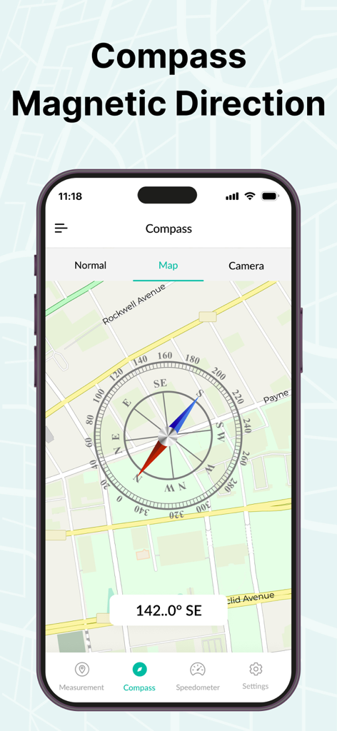 GPS Area Measure Map - La aplicación GPS Area Measure Map muestra la dirección de la brújula magnética sobre una vista de mapa de calles