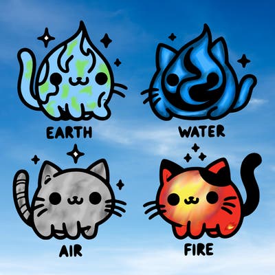 4 cats that represent the different elements, earth, water, air, and fire