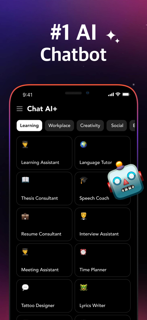 Gamm.AI - AI Chatbot Assistant - Interfaz de la aplicación Gamm AI que muestra categorías como aprendizaje, lugar de trabajo y creatividad con herramientas como diseñador de tatuajes y consultor de currículums