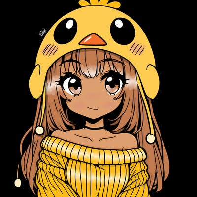 anime girl with chick shaped hat with sweater with bare shoulders with bangs covering them one eye with low tail
