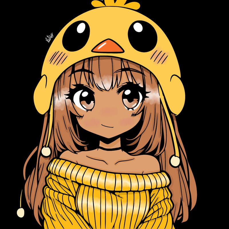 anime girl with chick shaped hat with sweater with bare shoulders with bangs covering them one eye with low tail