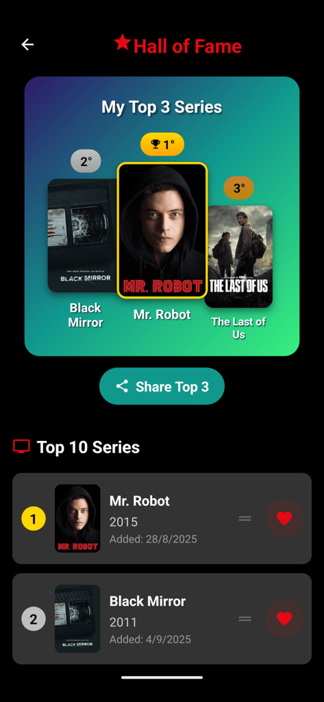 MisPelis - MyMovies - MisPelis app Hall of Fame screen showing top rated series rankings like Mr. Robot and Black Mirror