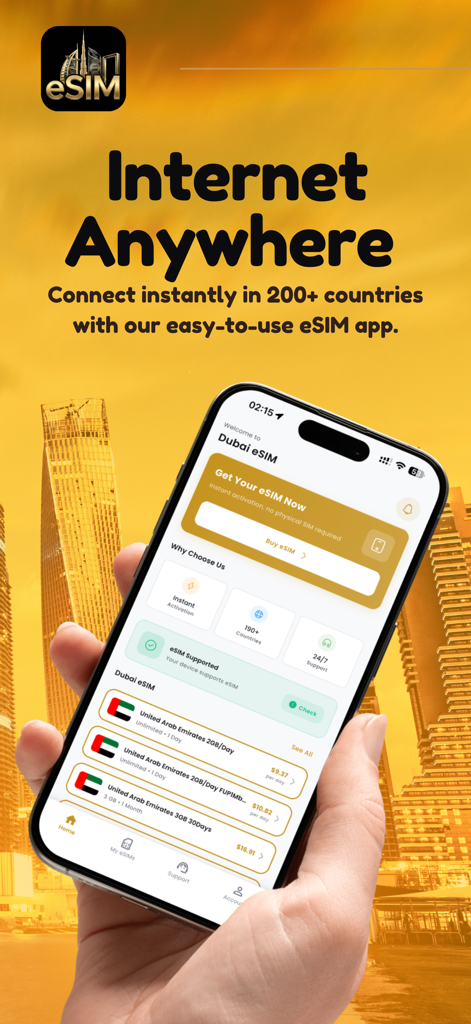 Dubai eSIM: Travel Internet - Smartphone-Bildschirm mit Dubai eSIM Datentarifen und Reisedaten-Funktionen