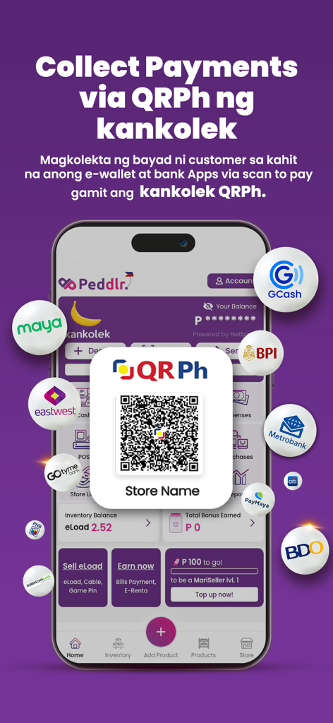 Interfaz de la aplicación móvil Peddlr que muestra un código QR para cobrar pagos a través de varias billeteras digitales