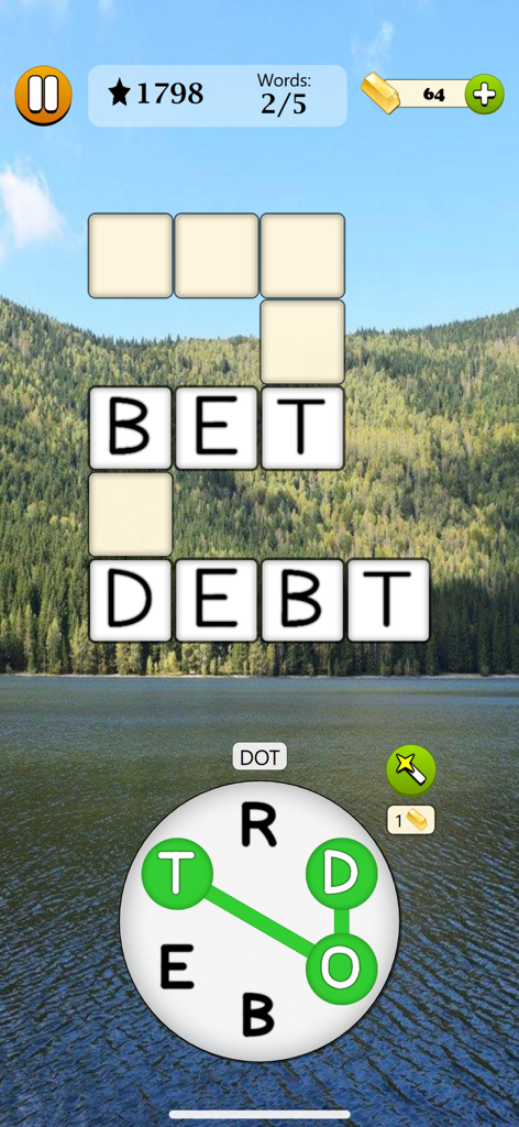Word Tangle - Word Game - Gameplay screen of Word Tangle showing a crossword grid and letter wheel over a scenic lake background